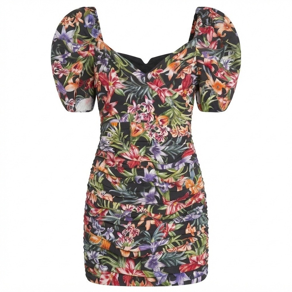C/MEO COLLECTIVE Dress Women S 4 Black Floral Ruched Puff Sleeve Linen Blend